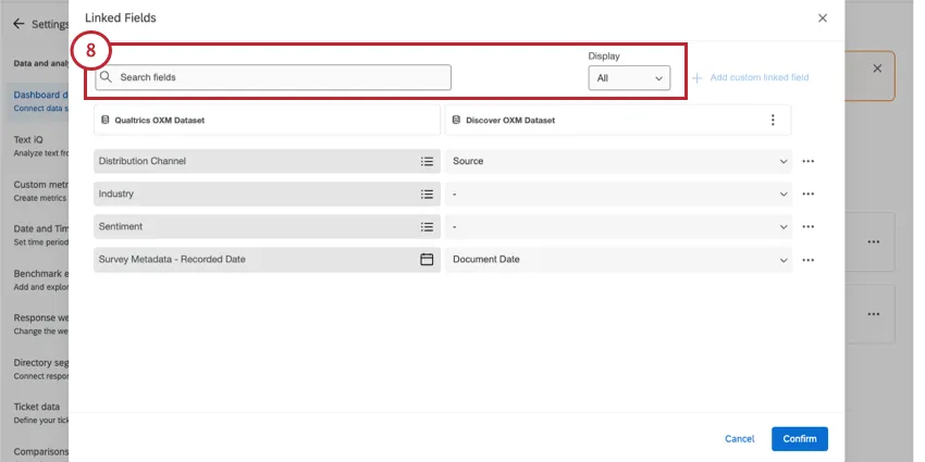 top of linked fields window, with a search bar and display filter