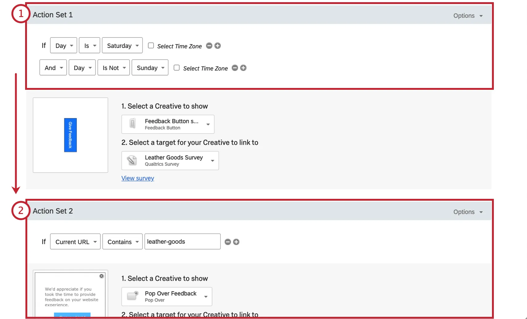 An Action Set numbered as 1. An arrow indicates that once this condition is considered, if rejected, we move to the second Action Set