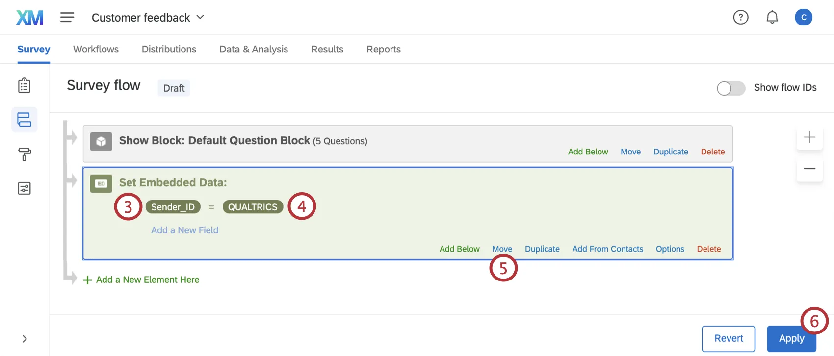"Sender_ID" element in survey flow with labeled steps
