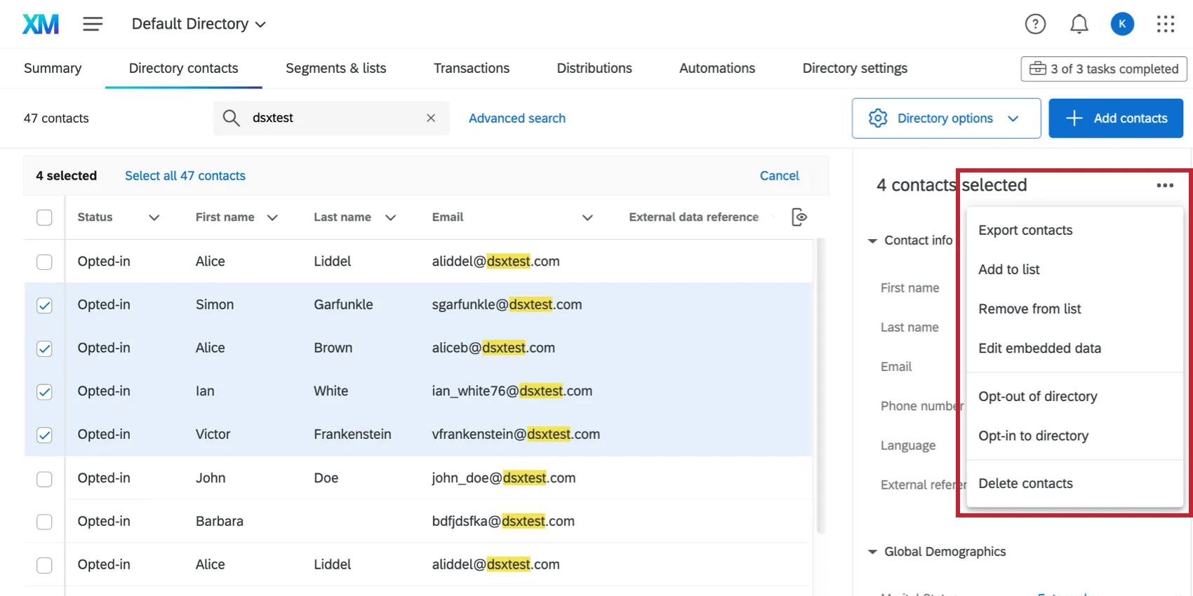 Image of multiple contacts selected in the Directory Contacts tab, 3 dot button to far-right expanded to show a menu of bulk actions