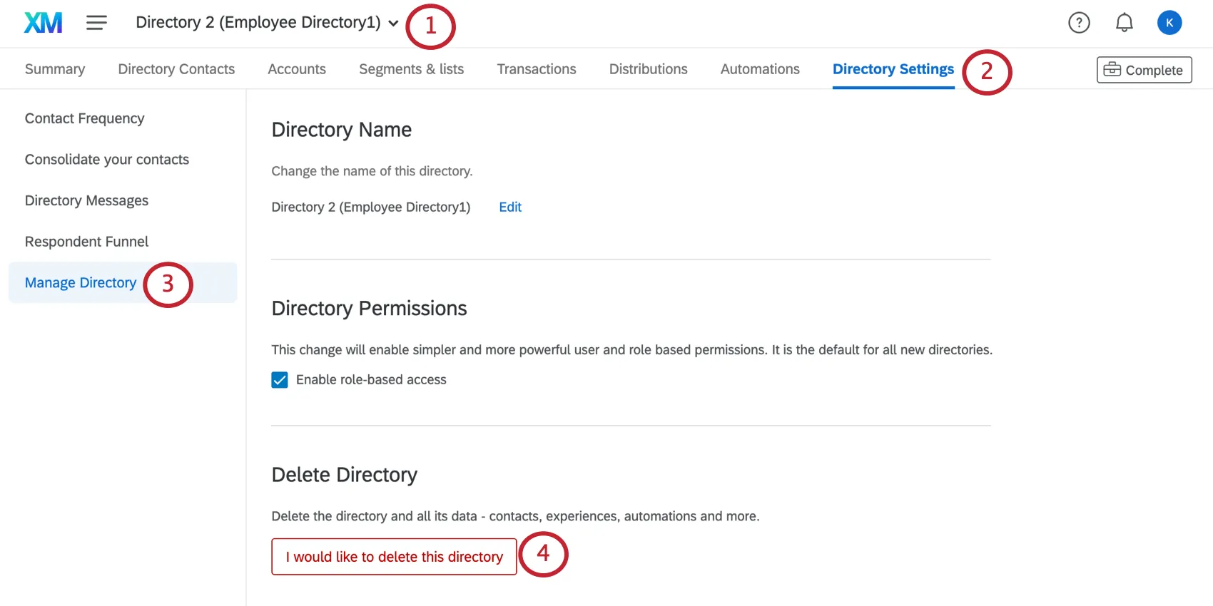 Image of the directory settings page with manage directory open to the left; the deletio button is at the bottom of the page in red