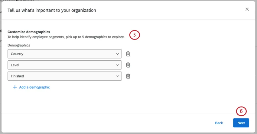 Personalizar datos demográficos: luego, menús desplegables donde se seleccionaron el país y el nivel . Icono de papelera siguiente a cada grupo demográfico. Botón en la parte inferior que dice agregar un grupo demográfico.