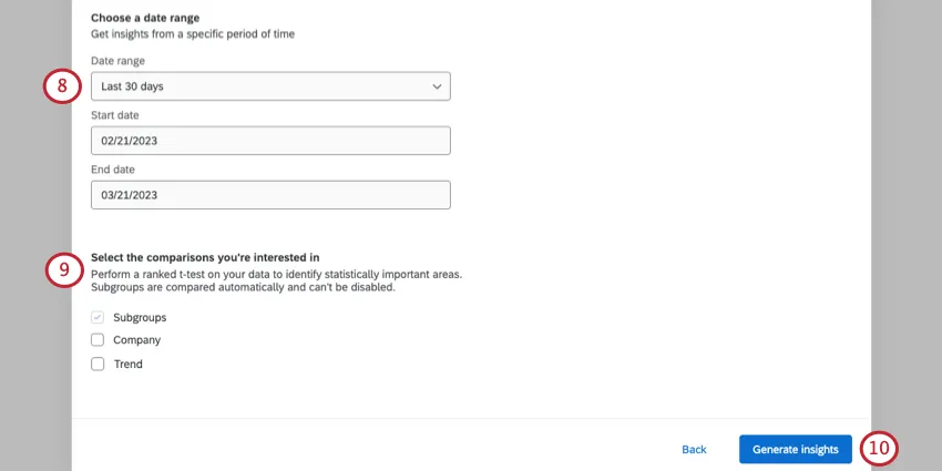 Adding date range. choosing the types of insights to generate