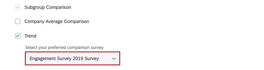 for a trend comparison, choosing the comparison survey using the dropdown menu