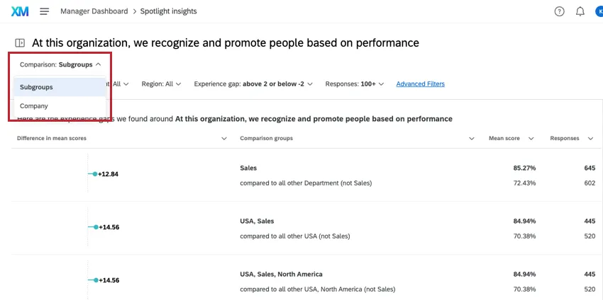 using the compare filter to switch between insight comparisons