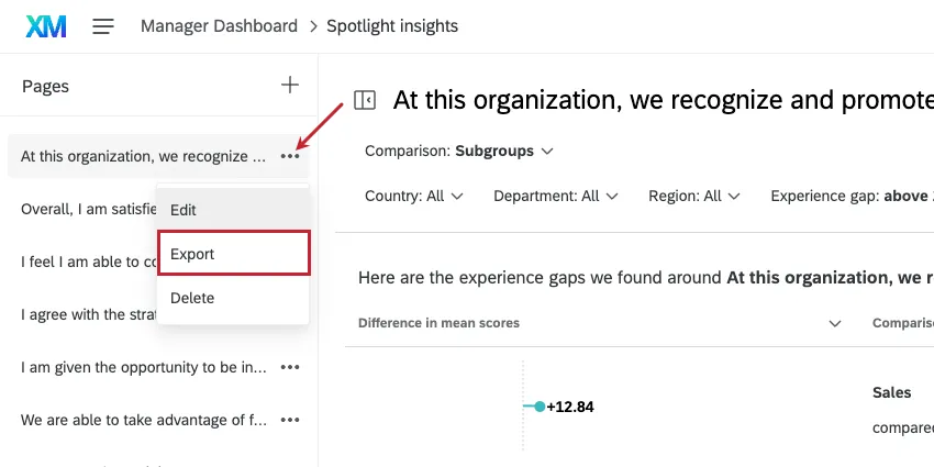 dropdown next to page expanded, export highlighted