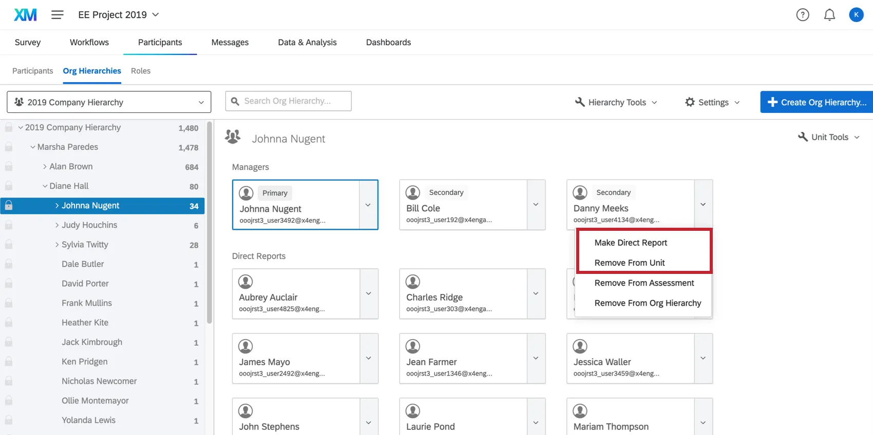 dropdown para tornar um gerente um subordinado direto