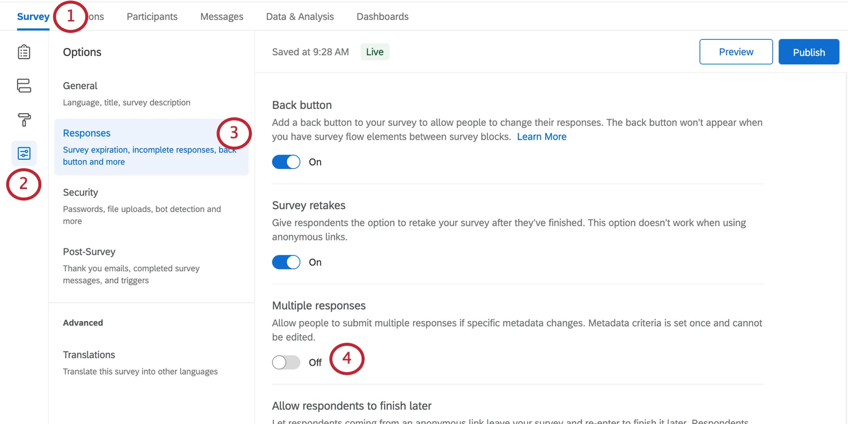 Image showing how to find Survey Options
