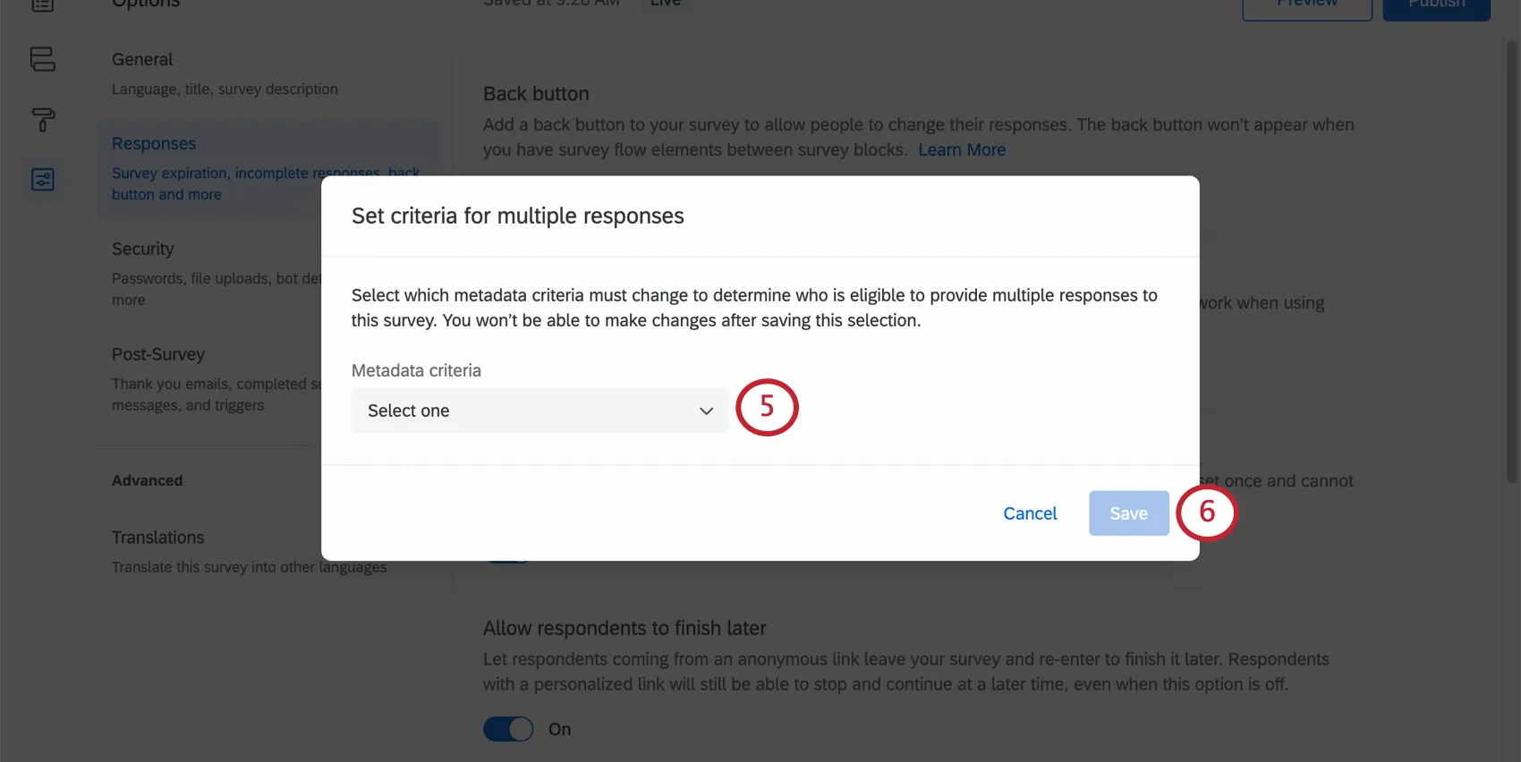 The new window that opens when you enable multiple responses