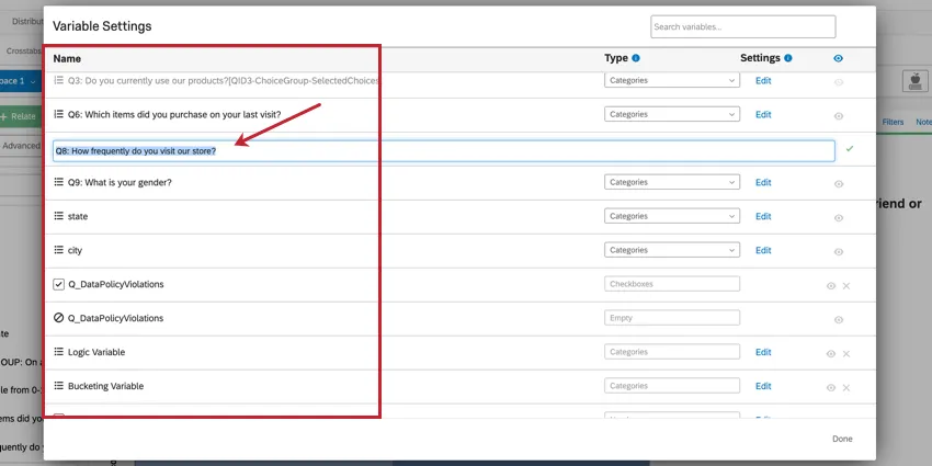 nella colonna del nome della finestra delle impostazioni delle variabili.