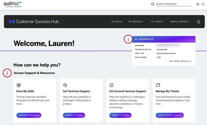 la page daccueil du hub. mes informations sont disponibles en haut. en dessous se trouvent le support &amp ; des ressources supplémentaires