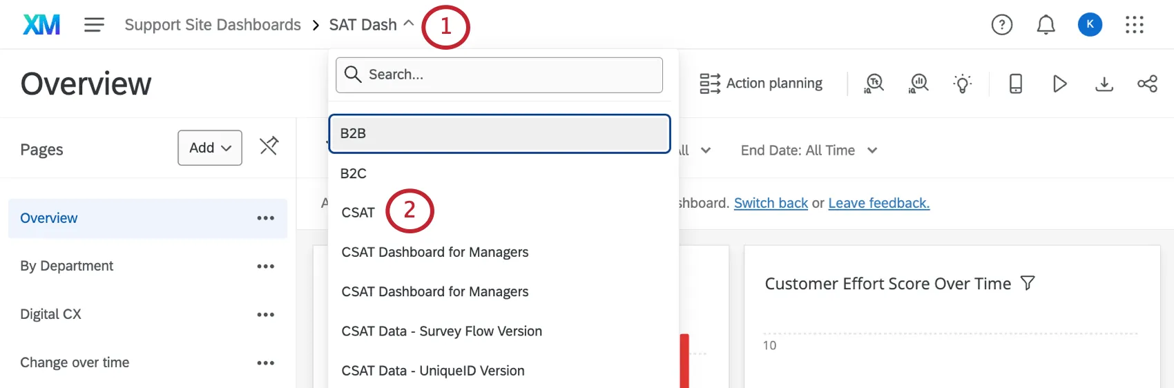 Dashboard dropdown located next to Project Name