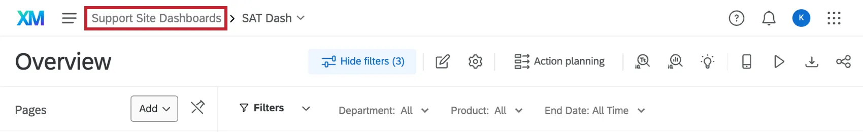 The topmost banner when inside a dashboard. To the leftmost corner is the name of the proejct, "Support site dashboards," and to the right after the arrow is the name of the dashboard you are currently inside, "SAT dash"