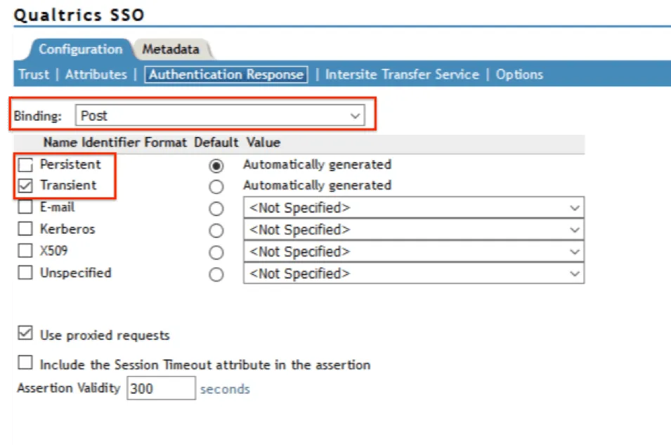 image of the Authentication Response Section of the NetIQ Configuration