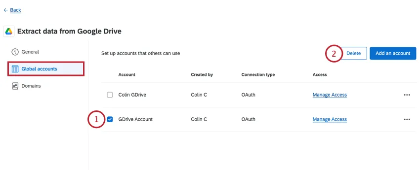 selecting an account to delete