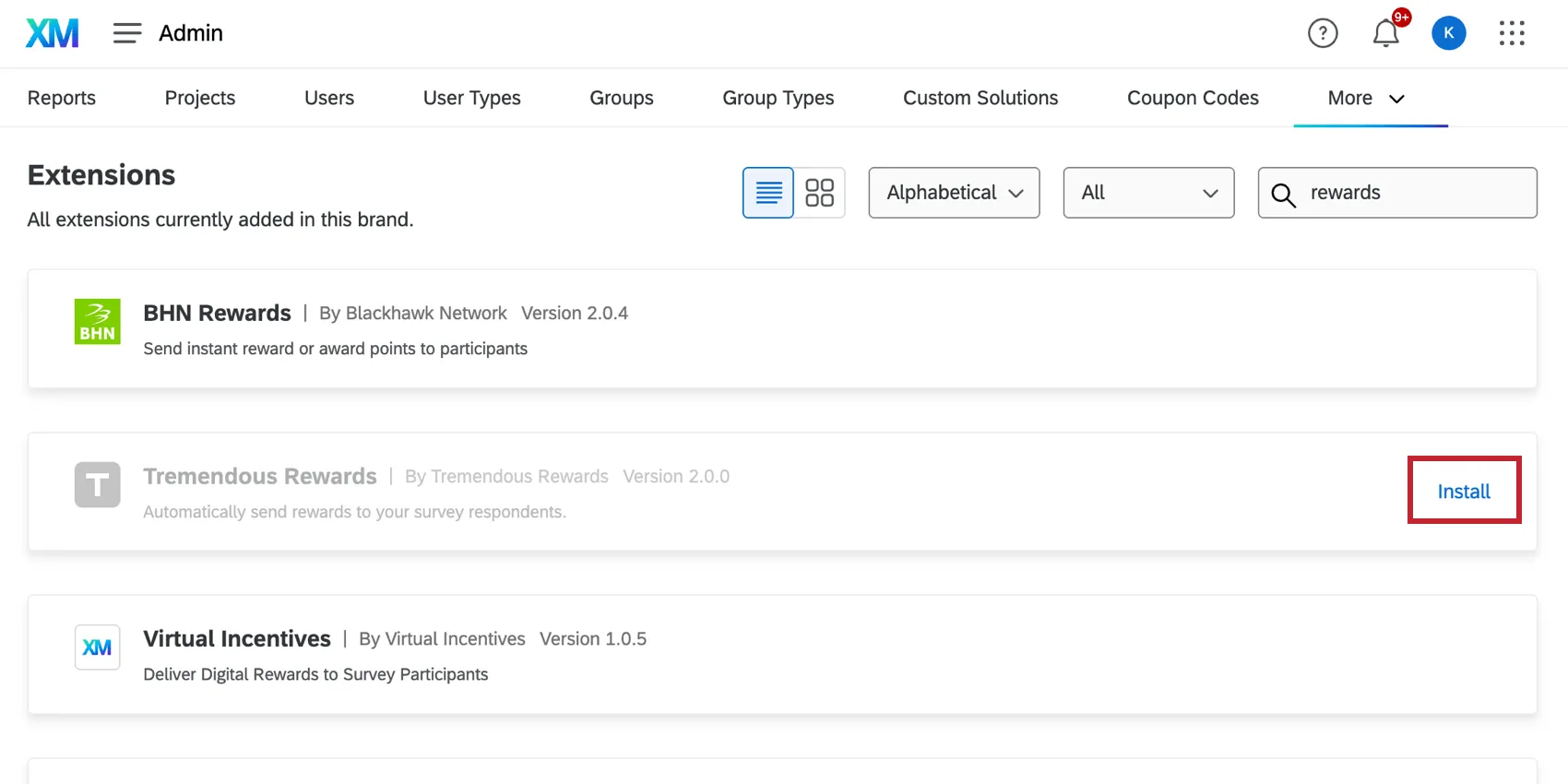 clicking "install" next to an extension