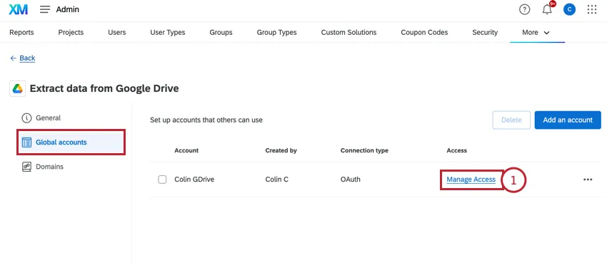 clicking "manage access" for an extension account