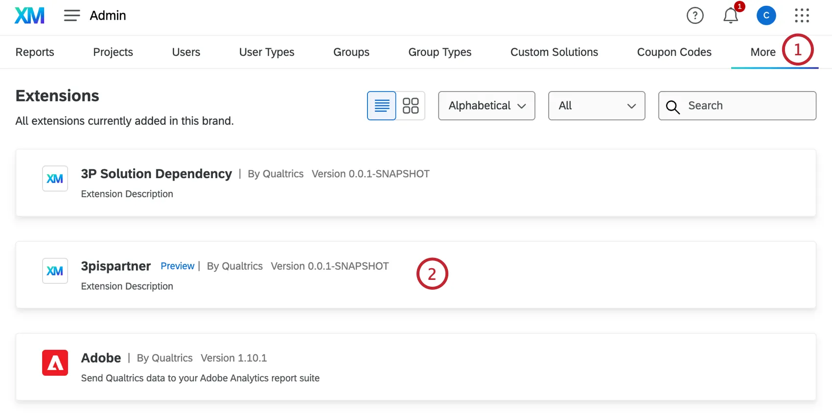 en sélectionnant une extension dans la section Extension de la page dadministration