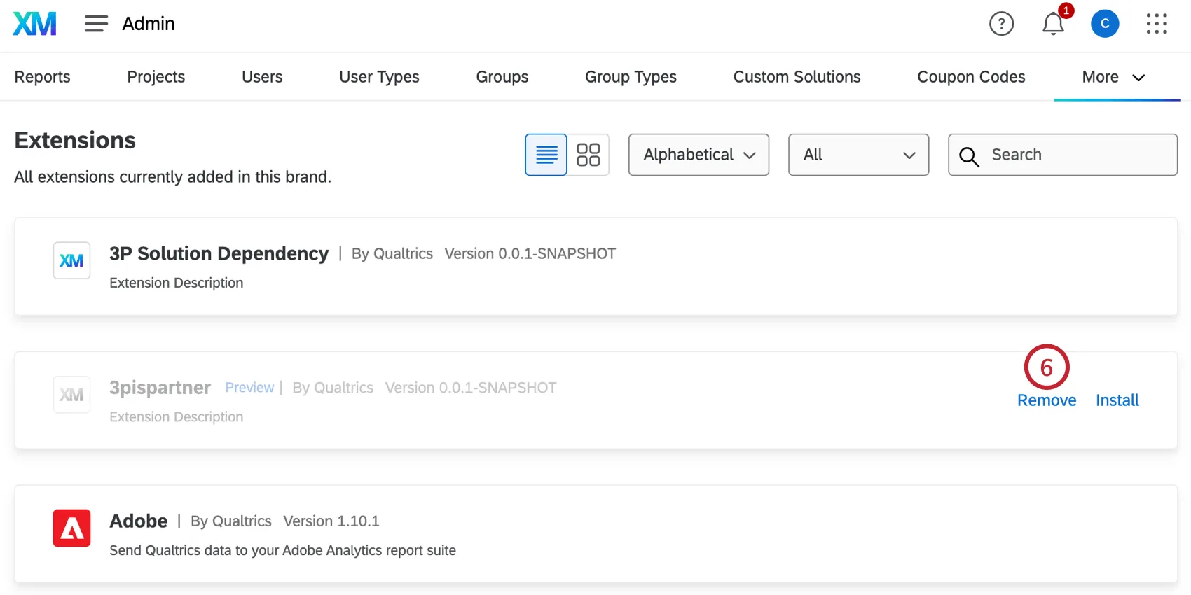 cliquer sur remove pour une extension désinstallée