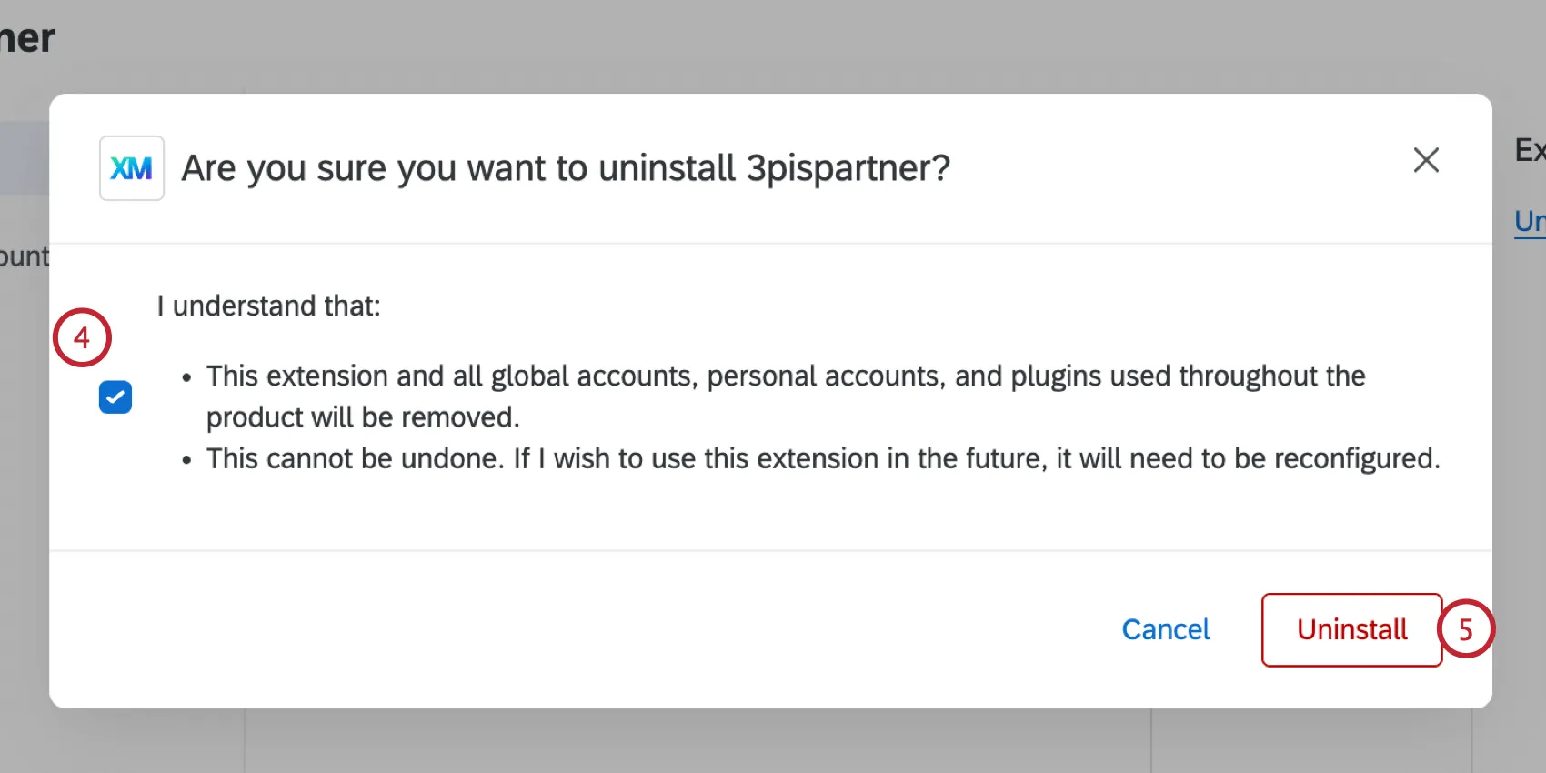 confirming uninstalling the extension