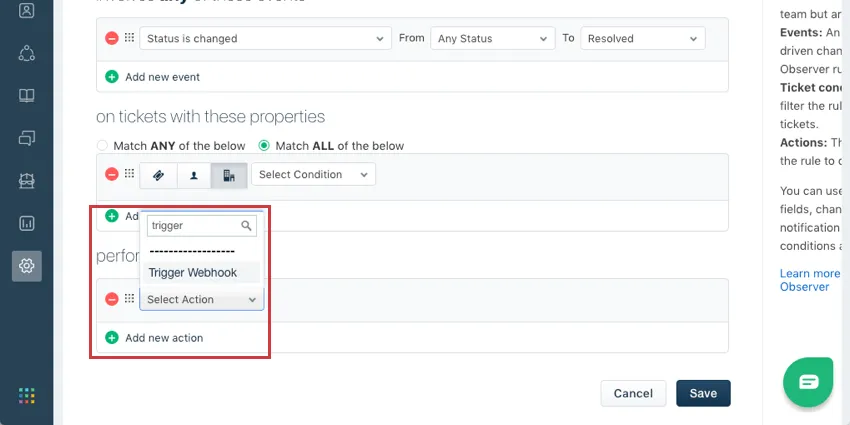 Aktion hat Menü mit hervorgehobenem Auslöser Webhook aufgeklappt