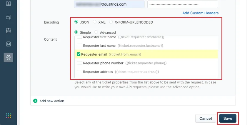 A codificação é json e o e-mail do solicitante é selecionado no corpo