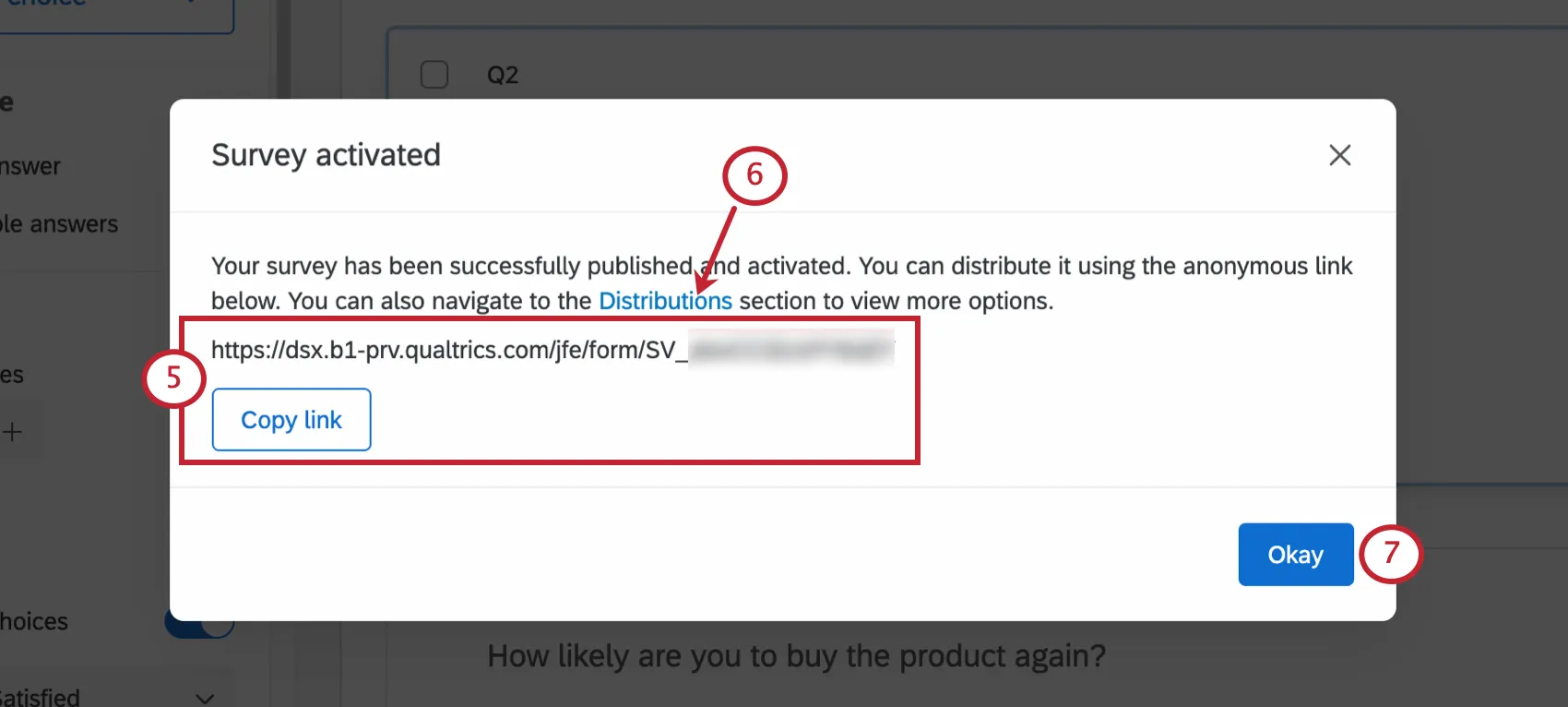 Anonymer Link und Verteilungslink im letzten Fenster zum Veröffentlichen und Aktivieren der Umfrage