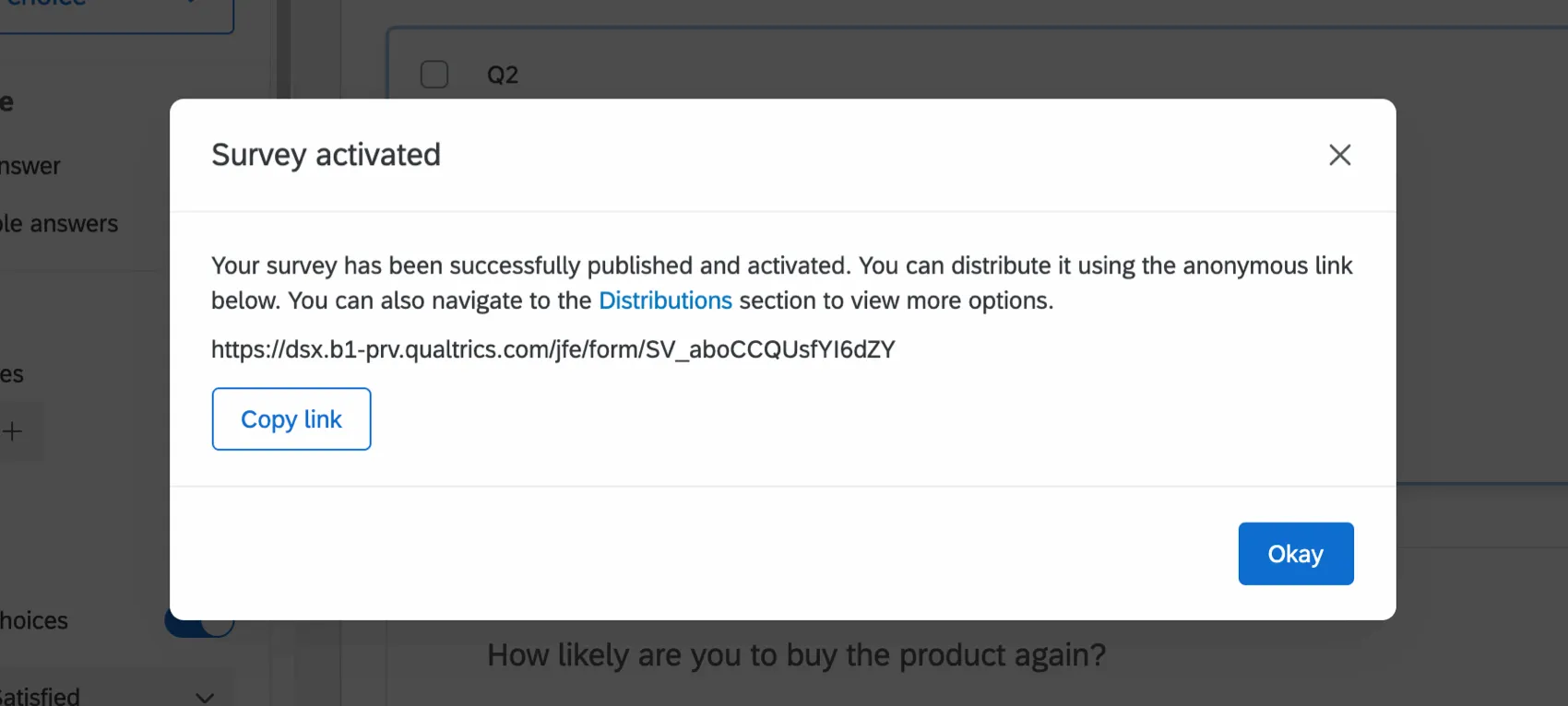Publishing a survey and being presented with the anonymous link