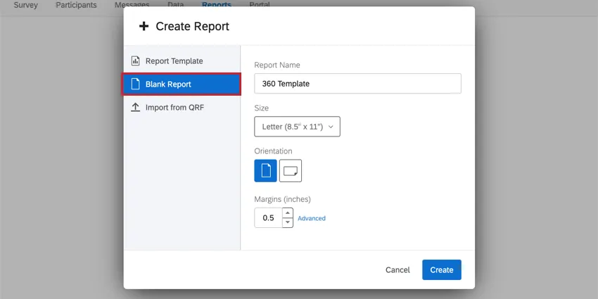 New create report window, blank report chosen from left. Fields for report name, layout, margins. Save in bottom-right