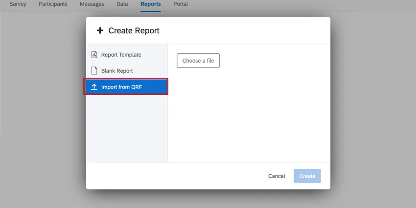 New create report window, import from QRF chosen from left. Button for choosing a file. Save in bottom-right
