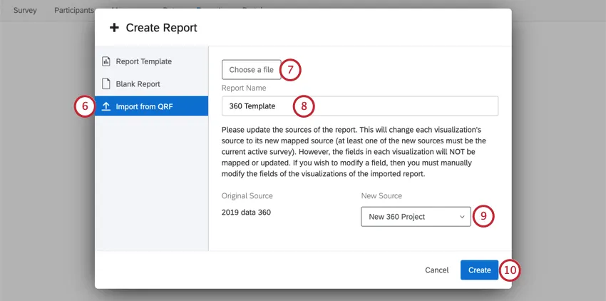 Create report window opens. To left, import from QRF is selected. Because a file has been selected, there is a field for naming the report, an explanation of the need to establish a new data source, and a dropdown for selecting that data source