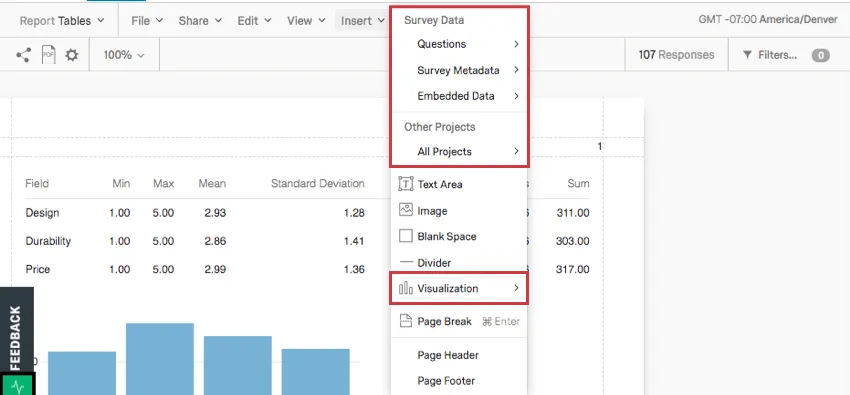 on the toolbar, insert is clicked, revealing a list of visualizations and content to be inserted