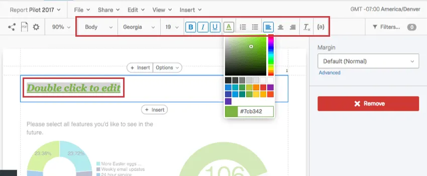 Al hacer doble clic en el área de texto se revela un editor de contenido enriquecido en la parte superior.