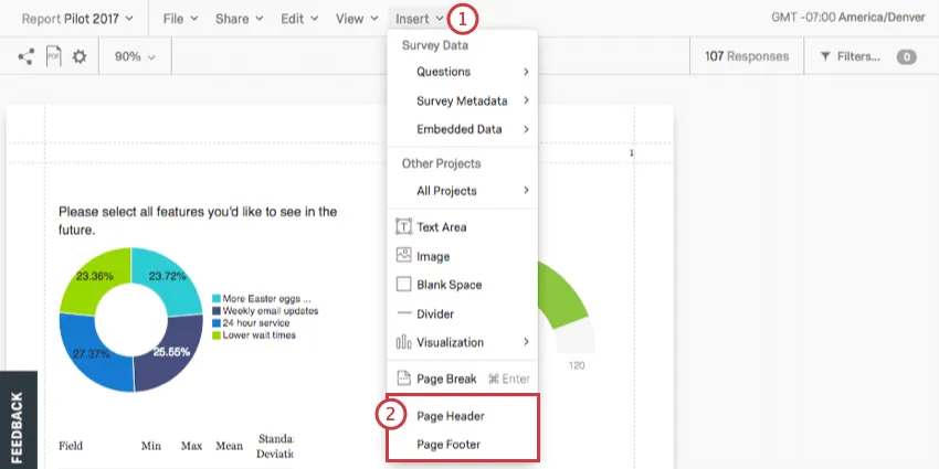 Options den-tête et de pied de page dans le menu dinsertion