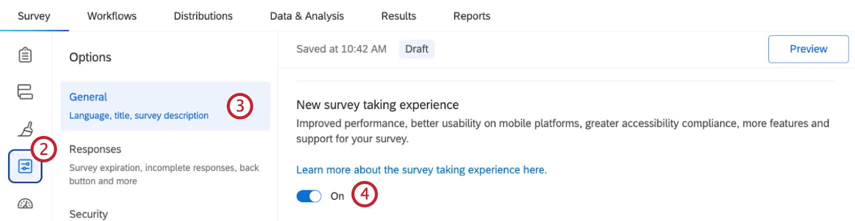toggle to turn off the new survey taking experience