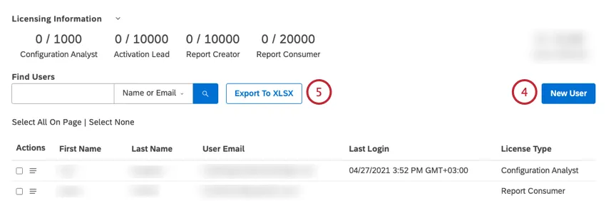 Click the New User button to create and register a new user. Click Export to XLSX to export users to a Microsoft Excel (XLSX) file.