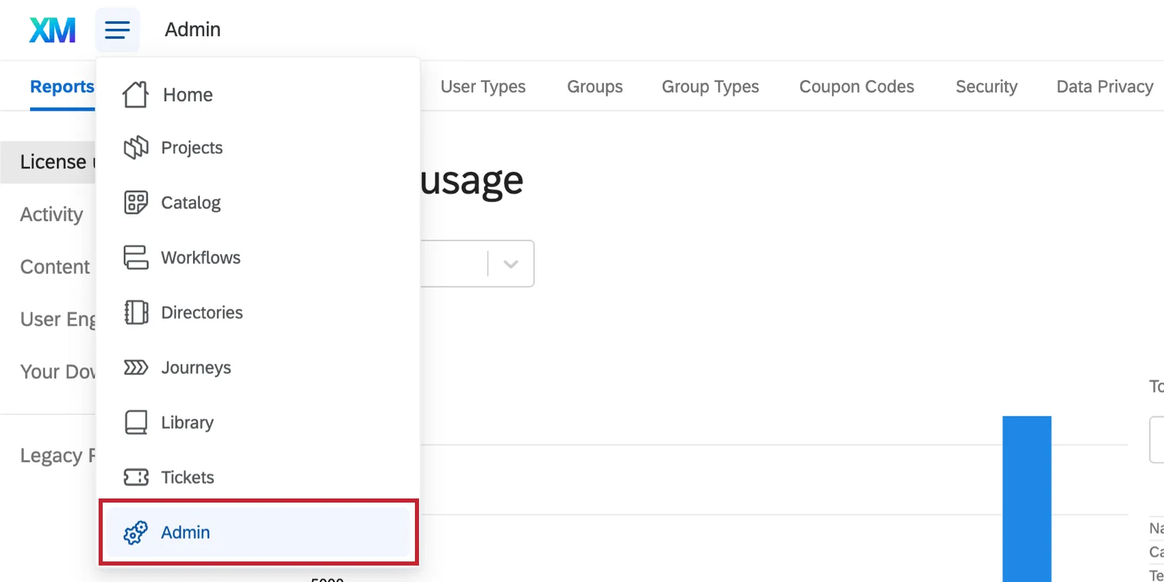 Admin option in the global navigation menu