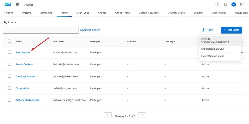 Users listed in new users tab