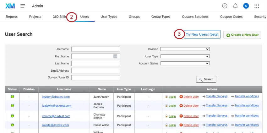 Users tab, button for try new users at the top