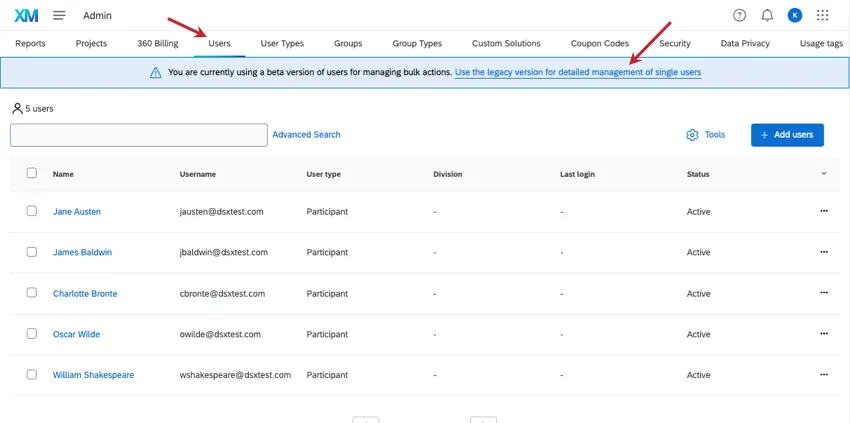 Bild eines blauen Banners, über das Sie zur Registerkarte für alte Benutzer zurückkehren