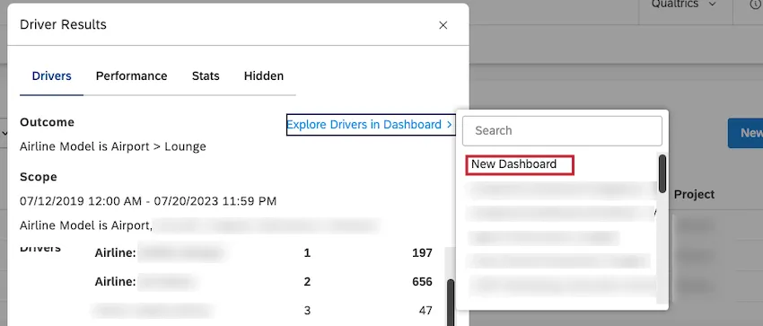 新しいダッシュボードにスキャッターウィジェットを追加するには、リストの一番上にあるNew Dashboardをクリックします。