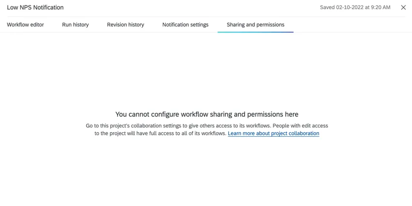 the error message when trying to share a workflow within a project