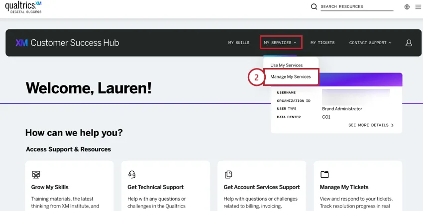 choosing "manage my services" from the "my services" menu