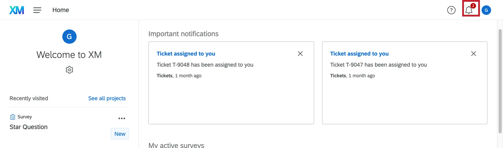 クアルトリクスのどのページにも、右上に赤い数字のついたベルがあります。