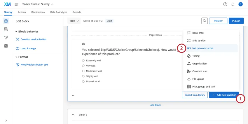 Adding a net promoter score® question with the Add new question button at the bottom right corner of a block