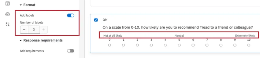 NPS question with editing pane open, showing button to toggle labels on and off, and a place to adjust the number of labels
