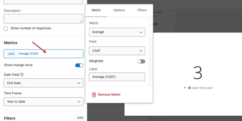 Number Chart with Metric settings open in the widget editing pane