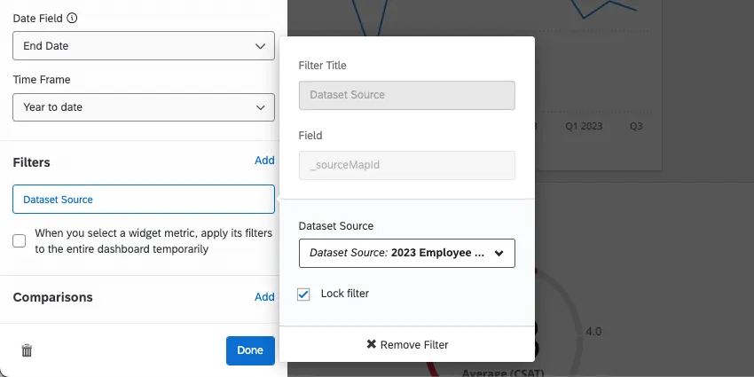 Data set source filter on a widget