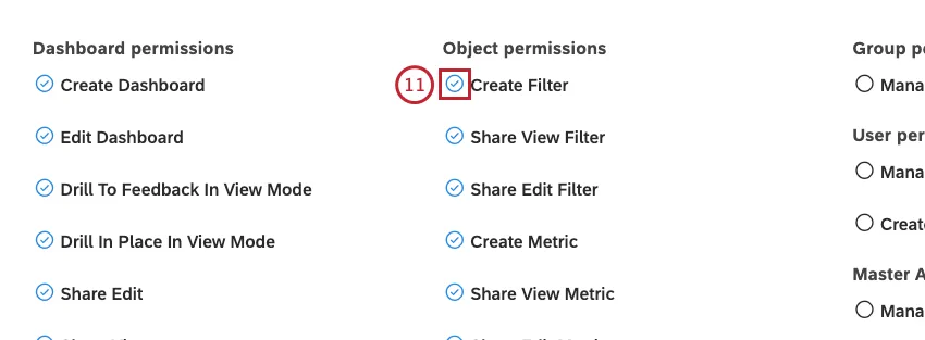 Select the checkbox next to the permission type to grant permissions to all active members of this group.