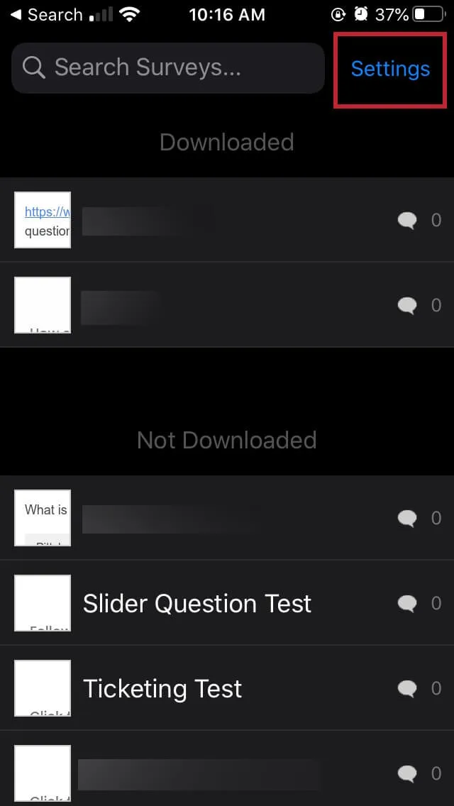 The Offline App with Settings highlighted in the top right corner